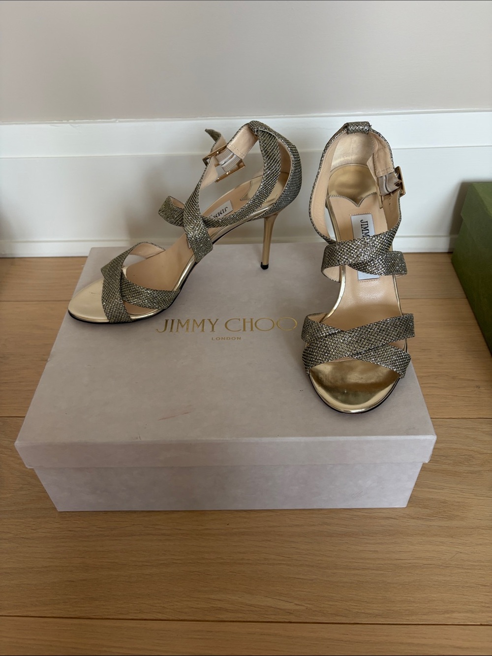 Jimmy Choo Metallic Light Bronze Crisscross Stiletto Sandals